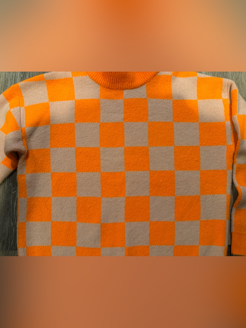 THML Orange and Beige Checkerboard Crewneck Sweater - Picture 3 of 5
